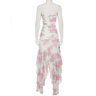 Irregular flower print ruched mesh tube maxi dress