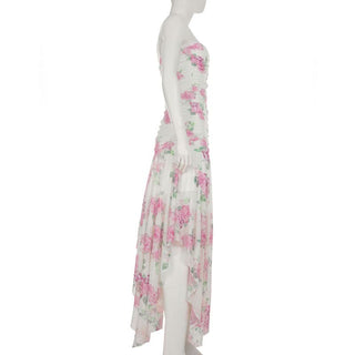 Irregular flower print ruched mesh tube maxi dress