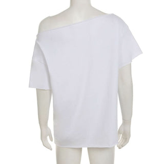 Irregular letter print short sleeve one shoulder top