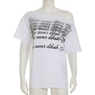 Irregular letter print short sleeve one shoulder top