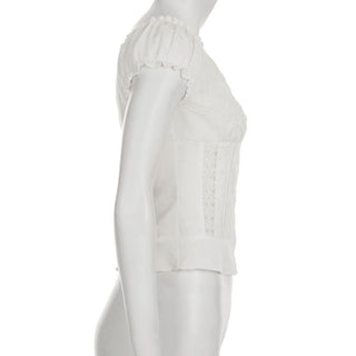 Button v neck puff sleeve ruffle solid top