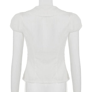 Puff sleeve striped button turnover collar top