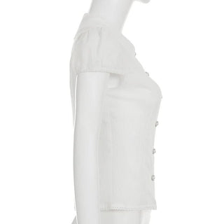 Puff sleeve striped button turnover collar top