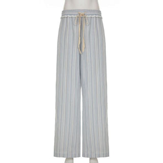 Striped ruffle drawstring wide leg pant