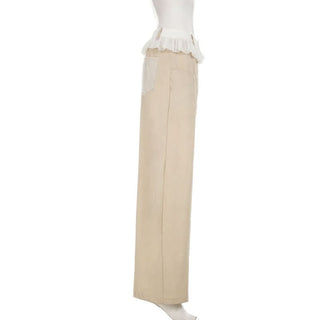 Zip-up button ruched lace straight leg pant