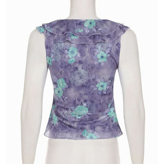 Ruffle mesh flower print v neck top
