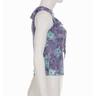 Ruffle mesh flower print v neck top