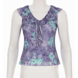 Ruffle mesh flower print v neck top