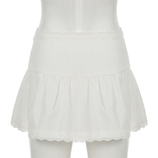 Zip-up lace hem ruched A line self tie mini skirt