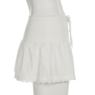 Zip-up lace hem ruched A line self tie mini skirt