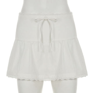 Zip-up lace hem ruched A line self tie mini skirt