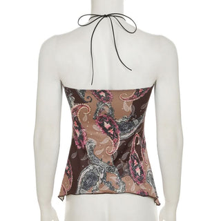 Self tie halter hollow out beaded print cut out top