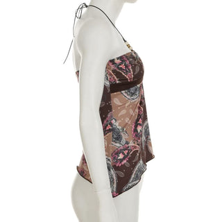 Self tie halter hollow out beaded print cut out top