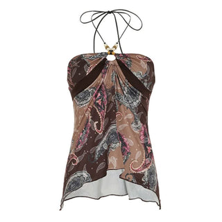 Self tie halter hollow out beaded print cut out top