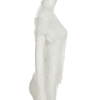 Short sleeve irregular lace off shoulder top