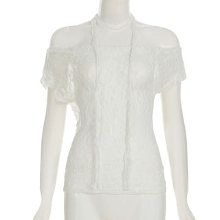 Short sleeve irregular lace off shoulder top