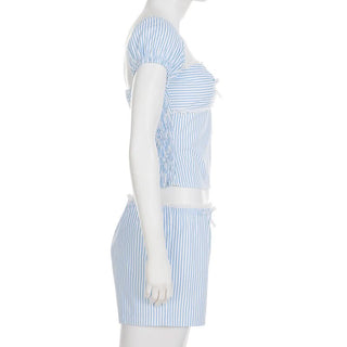 Bowknot striped smocked low rise pant set