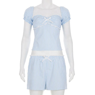 Bowknot striped smocked low rise pant set