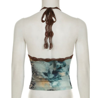 Lace hem v neck halter self tie print top