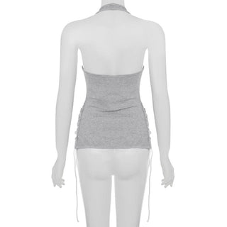 Halter lace up ribbed u neck stitch top