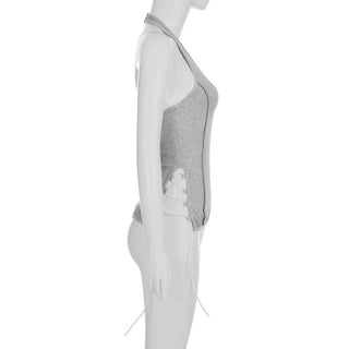 Halter lace up ribbed u neck stitch top