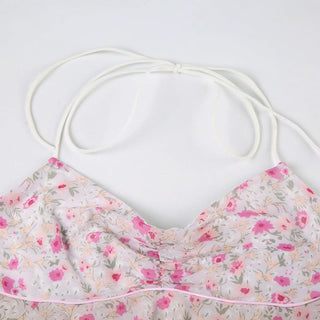 Halter self tie lace hem v neck flower print top