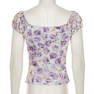 Lace up flower print puff sleeve v neck top