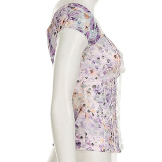 Lace up flower print puff sleeve v neck top