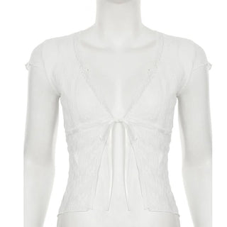 Lace cap sleeve v neck self tie solid top