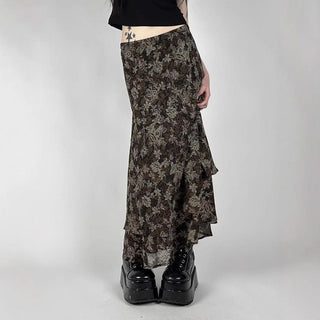 Mesh ruffle flower print contrast maxi skirt