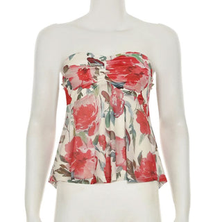 Mesh flower print smocked ruched tube top