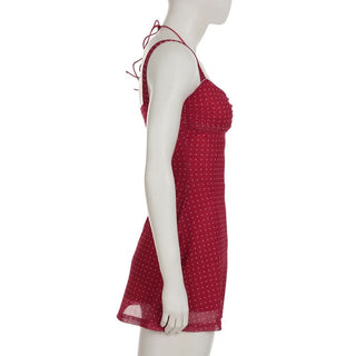 Polka dot ruched mesh v neck halter mini dress