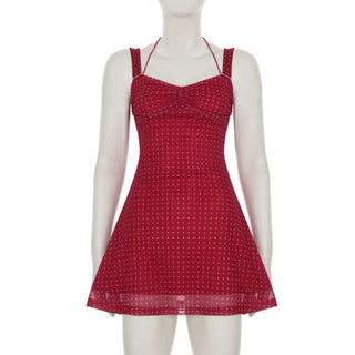 Polka dot ruched mesh v neck halter mini dress