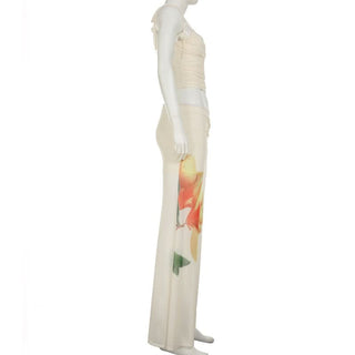 Ruched v neck mesh print self tie cami top