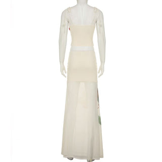 Slit ruched mesh print irregular maxi skirt