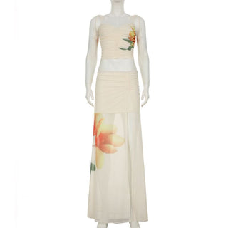 Slit ruched mesh print irregular maxi skirt