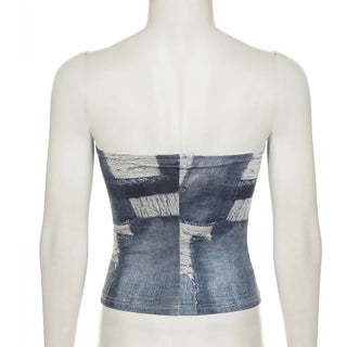 Imitation denim print backless tube top