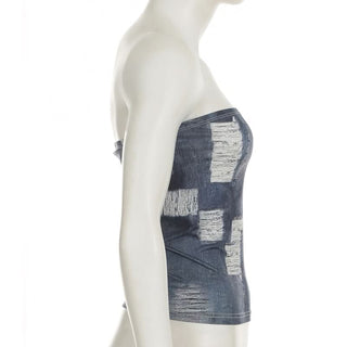 Imitation denim print backless tube top