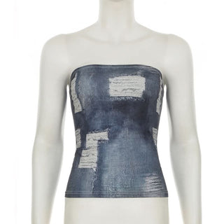 Imitation denim print backless tube top