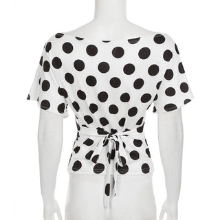 Short sleeve polka dot self tie contrast top