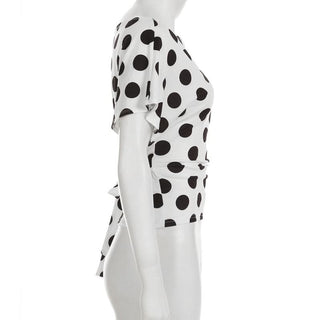 Short sleeve polka dot self tie contrast top