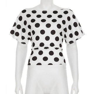 Short sleeve polka dot self tie contrast top