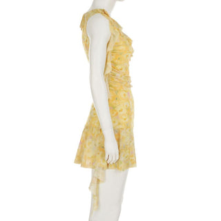 Mesh ruffle v neck print irregular mini dress