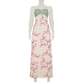 Mesh flower print backless cami maxi dress
