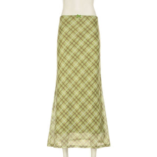 Bowknot plaid mesh contrast midi skirt