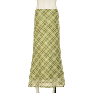 Bowknot plaid mesh contrast midi skirt