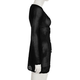 Long sleeve hollow out self tie round neck cut out top