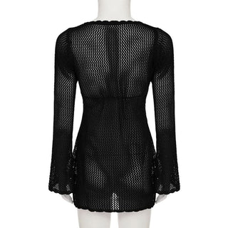 Long sleeve hollow out self tie round neck cut out top