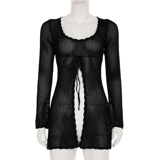 Long sleeve hollow out self tie round neck cut out top