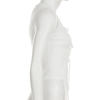 Self tie hollow out v neck ribbed solid cut out top